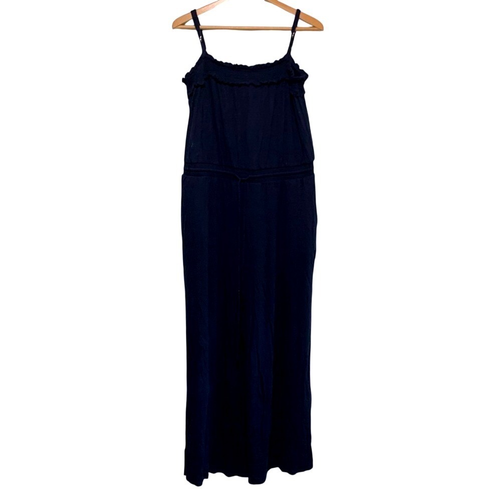 LOFT Jumpsuit Women XL Navy Blue Smocked Ruffle Drawstring Wide Leg Knit